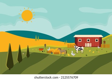 
Fondo natural de primavera con granja, bosque, animales. Vector