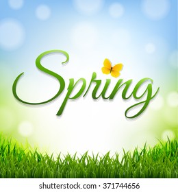 Spring Nature Background With Grass Border With Gradient Mesh, Vector Illustration