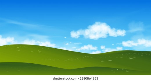 Spring Nature Background of Green Field Landscape with Blue Sky,Horizon Summer rural with grass land on hills with Morning Sky.Vector Cartoon banner for Easter,Earth day,Ecology concept