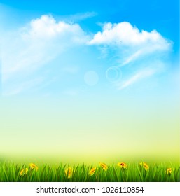 Spring Nature Background With A Green Grass And Blue Sky With Clouds. Vector.