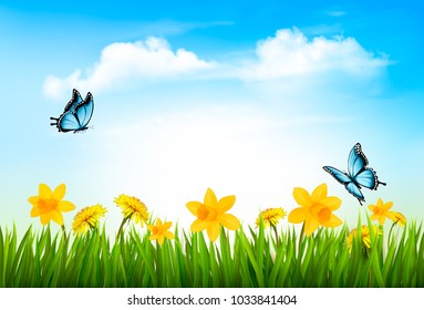 Spring nature background with green grass, flowers and a butterfly. Vector. 