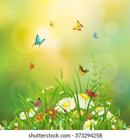 Spring nature background with green grass, flowers and butterflies