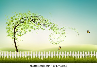 Spring nature background with green tree and landscape. Vector.