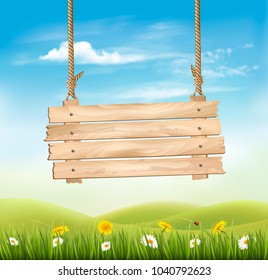 Spring nature background with landscape and wooden sign. Vector