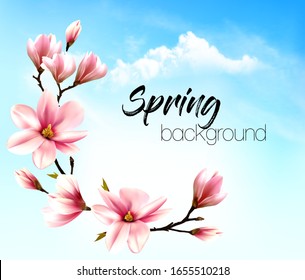 Spring nature background with pink blooming magnolia and blue sky with cloud. Vector