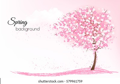 Spring Nature Background With A Pink Blooming Sakura Tree. Vector.