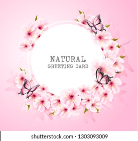 Spring nature background with pink flowers and butterflies. Vector