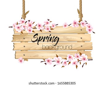 Spring nature background with a pink sakura blossom and wooden sign. Vector