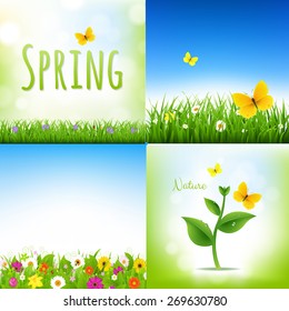 Spring Nature Backgrounds With Grass Border And Flowers With Gradient Mesh, Vector Illustration
