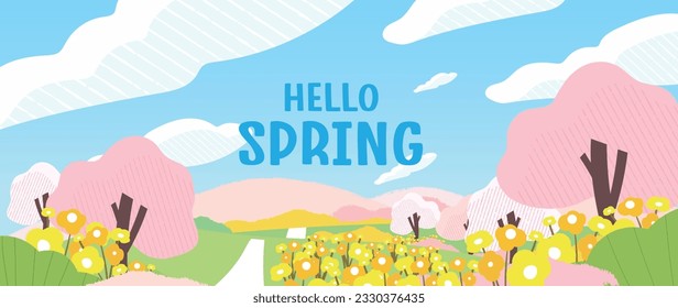 Spring nature and country landscape background. Seasonal illustration vector of trees, flowers, mountain, cloud, sky, grass, field, road. Design for banner, poster, wallpaper, decoration, card.