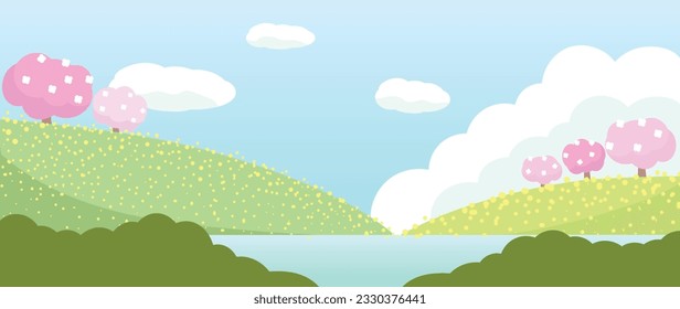 Spring nature and country landscape background. Seasonal illustration vector of trees, flowers, mountain, river, cloud, sky, grass, field. Design for banner, poster, wallpaper, decoration, card.