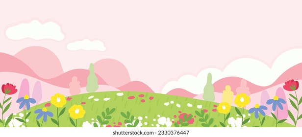 Spring nature and country landscape background. Seasonal illustration vector of trees, flowers, mountain, cloud, sky, grass, field, park. Design for banner, poster, wallpaper, decoration, card.