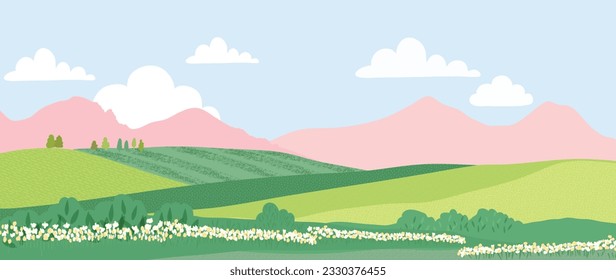 Naturaleza de primavera y paisaje de campo de fondo. Ilustración estacional vectorial de árboles, flores, montaña, nube, cielo, hierba, campo, parque. Diseño para banner, afiche, tapiz, decoración, tarjeta.