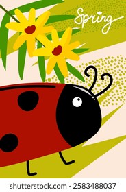 Spring nature. Cute ladybug, yellow flowers, and abstract textured background. Cards, posters, invitations, and seasonal designs