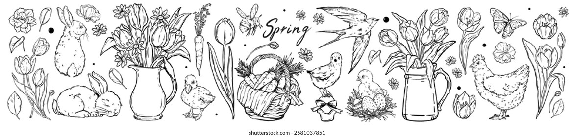 Spring nature doodle set, vector Easter season floral illustration hand drawn village flower sketch. Tulip bouquet, cute farm animal rabbit, chicken. Floral vintage rural clipart. Spring doodle design