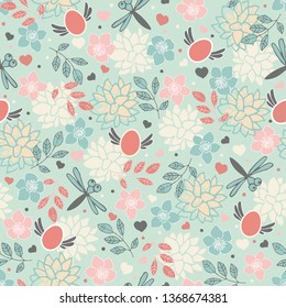 Spring nature with dragonflies. Seamless easter pattern.