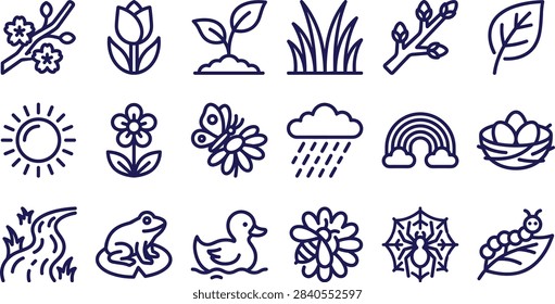 Spring nature and garden element outline icon collection showing cherry blossom, tulip, plant sprout, grass patch, tree branch, leaf, sun, flower, butterfly, rain cloud, rainbow, bird nest, river stream, frog, duckling, bee on flower, spider web, and caterpillar.
