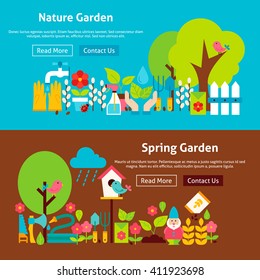 Spring Nature Garden Flat Website Banners Set. Vector Illustration for Website banner and landing page. Gardening Tools Modern Design.