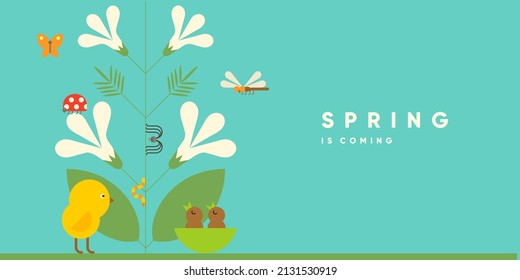 Spring. Nature. Garden. Simple vector illustration. Symbolic poster on the theme of peace, harmony. Background for banner, label, cover.