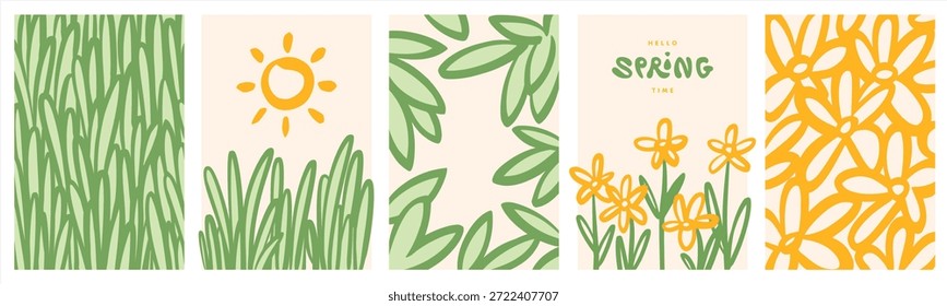 Pincel de mano de la naturaleza de primavera dibujado rectángulo Plantillas. Flores, follaje, ramas, mechones, abrazaderas de bordes de hierba, marcos, Elementos de diseño. Fondo floral, forma de sol. Líneas artísticas en negrita, dibujos de doodle de contorno lineal. Hola primavera tiempo handlettering