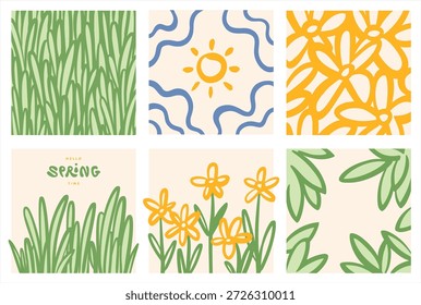Spring nature hand brush drawn square templates. Flowers foliage grass borders frames patterns. Floral background, sun shape. Bold artistic lines, linear freehand doodle drawings. Hello spring time handlettering.