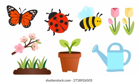 Ícones da natureza da primavera em estilo plano para temas de jardim e sazonais. Perfeito para visuais de jardinagem, educação da natureza, conteúdo infantil e projetos da primavera.