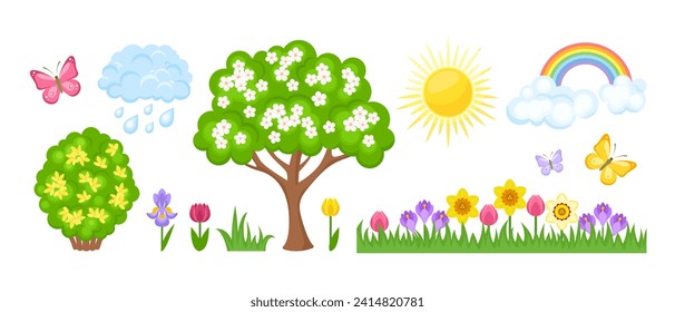 Spring nature illustration set. Vector cartoon flat icons of flowers, grass, blossoming tree, sun, clouds and rainbow.