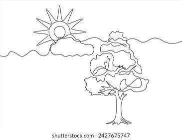 In: Spring Nature Illustration. Vektor blühender Baum, Sonne, Wolken.Kontinuierliche eine Linie Zeichnung	
