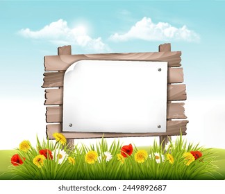 Fondo del paisaje de la naturaleza de la primavera con margarita, amapolas, flores de dandelon y signo de madera. Vector.