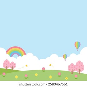 Spring nature landscape background illustration. Hot air balloons are floating, a sky with a rainbow and clouds, butterflies are flying, and trees with tulips and cherry blossoms in bloom.