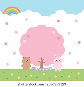Spring nature landscape background illustration. Cute bear and rabbit characters holding 'Spring' garland under cherry blossom trees in full bloom, sky with rainbow and clouds.