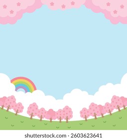 Spring nature landscape background illustration. A background of a sky with rainbow and clouds and cherry blossoms in full bloom.