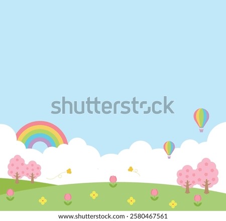 Spring nature landscape background illustration. Hot air balloons are floating, a sky with a rainbow and clouds, butterflies are flying, and trees with tulips and cherry blossoms in bloom.