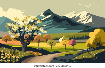Spring Nature Landscape Background With Mountains, Floral, Flying Birds And Pathway.