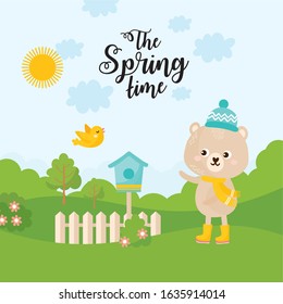 Spring nature landscape. Cute bear rejoices in spring. Sunny day with blue sky, green meadow and birdhouse. The Spring Time message.
