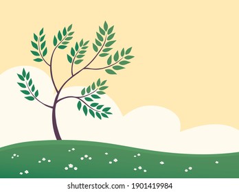 Spring nature landscape. Deciduous tree and green grass. Vector background illustration.