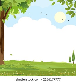 Spring nature landscape with flying birds,cloud, blue sky over green field with trees and leave on boarder. Vector Scenery background, Summer rural or Spring meadow with wild flower,Easter banner 