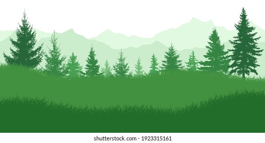 Spring nature, landscape. Green meadow on background of green forest and mountains. Vector illustration.