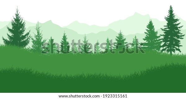 Spring nature, landscape.\
Green meadow on background of green forest and mountains. Vector\
illustration.