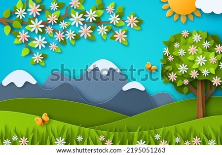 Spring nature landscape scenery poster paper cut style. Vector illustration. Summer day poster, clouds, blooming tree, mountain, butterfly. Outdoor modern cartoon concept, village countryside scene