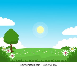 Spring nature landscape vector with green grass, blue sky, and flowers suitable for background or illustration 