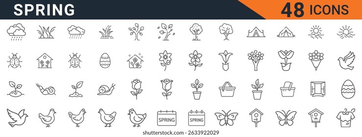 Spring and Nature Line Icons Set - Beautiful Symbols for Season, Weather, Plants, and Animals