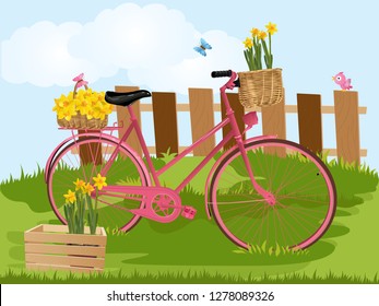 Spring nature meadow landscape with a bicycle. Vector illustration. 