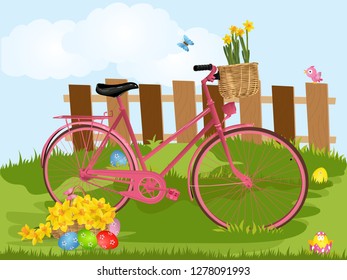 Spring nature meadow landscape with a bicycle. Easter greeting card. Vector illustration. 