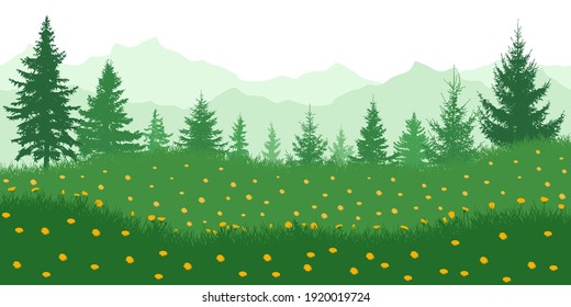 Spring nature. Meadow with yellow dandelions on background of green forest and mountains. Vector illustration.