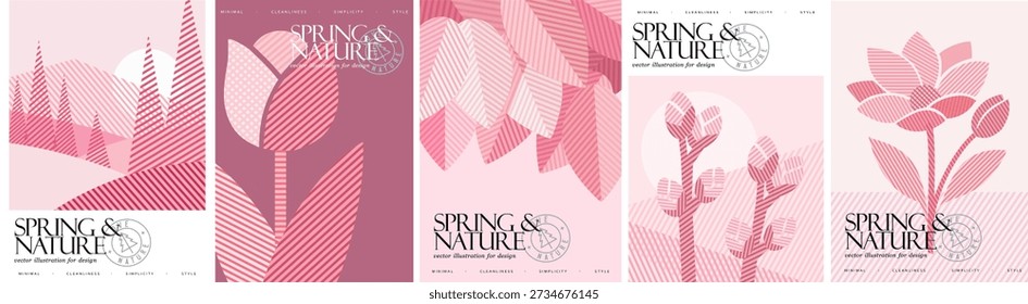 Spring and nature. Minimal modern geometric abstract illustrations of flower, leaves, landscape, tree, a branch with buds, and tulip for poster, design, card, background, brochure, cover, and flyer.