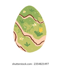 Spring nature on Happy Easter egg. Meadow flowers, green grass, drawing for Christian religious holiday. April decoration. Modern flat vector illustration isolated on white background
