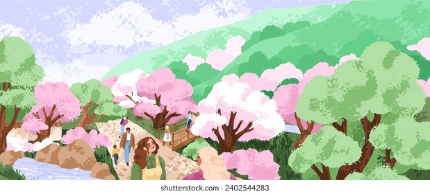 Spring nature, park. Cherry blossom, sakura trees, landscape panorama. Japan parkland with green plants and blooming flowers. People walking outdoors, enjoying Hanami season. Flat vector illustration