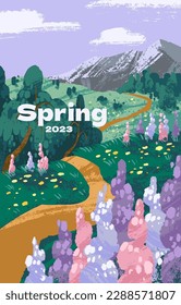 Spring nature, peaceful rural landscape card. Blooming blossomed meadow flowers, pathway, sky horizon at countryside, serene country. Vertical scenery, poster background. Flat vector illustration