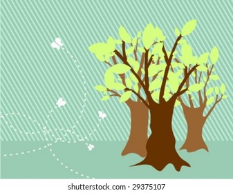 Spring nature scene with forest and butterflies.